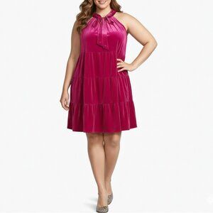 NWT Skies Are Blue Sleeveless Halter Neck Tiered Velvet Dress in Magenta